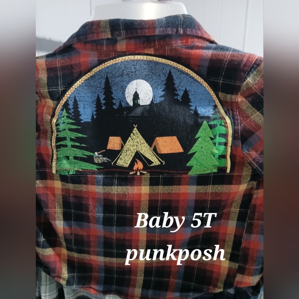 UPCYCLED FALL BABY CAMPING GRAPHIC ON FLANNEL